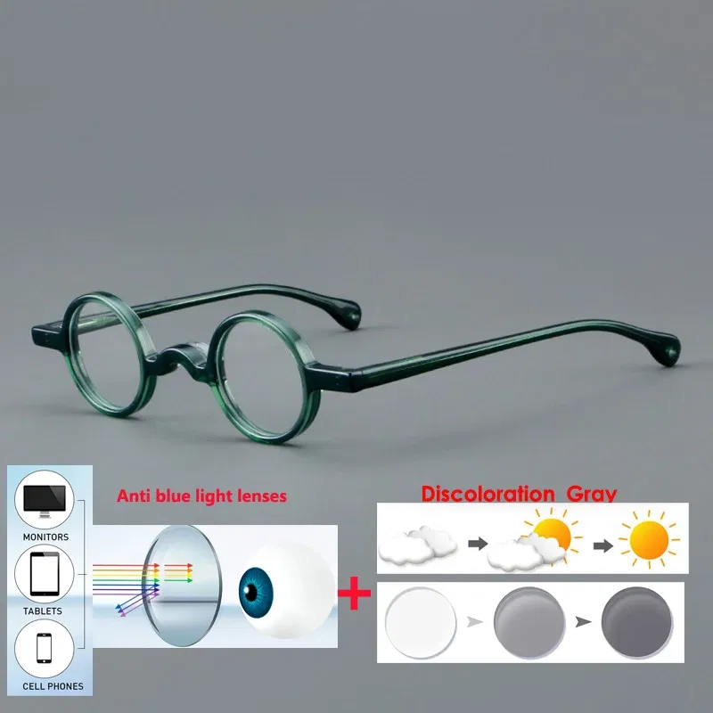 Frame Color: Dark Brown, Eye Prescription: +400 - VCKA Photochromic Acetate Myopia Glasses Men Retro Small Round Frames Women Custom prescription Anti-Blue Eyewear -0.5 TO -10