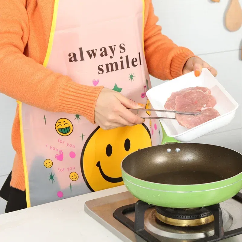 Color: Green - 70x50cm Cute Kitchen Household Adult Antifouling Apron Sleeveless Waterproof PVC Cartoon Printed Women Aprons Cleaning Accessory