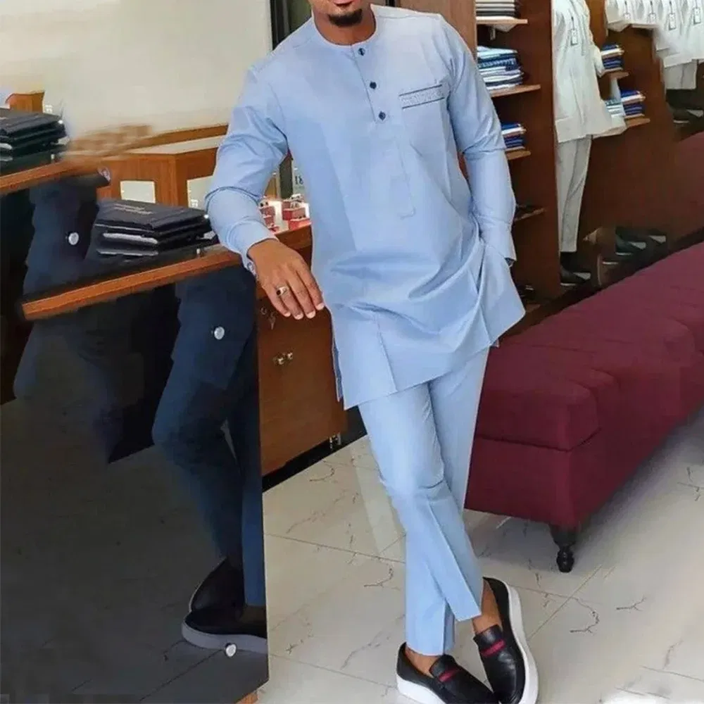 Color: Mint, Size: L - New Men's Tenos Wedding 2-Piece Suit Waist Pants Shirt Solid Color Panel Long Sleeve Party African Ethnic Style Clothing (M-4XL)