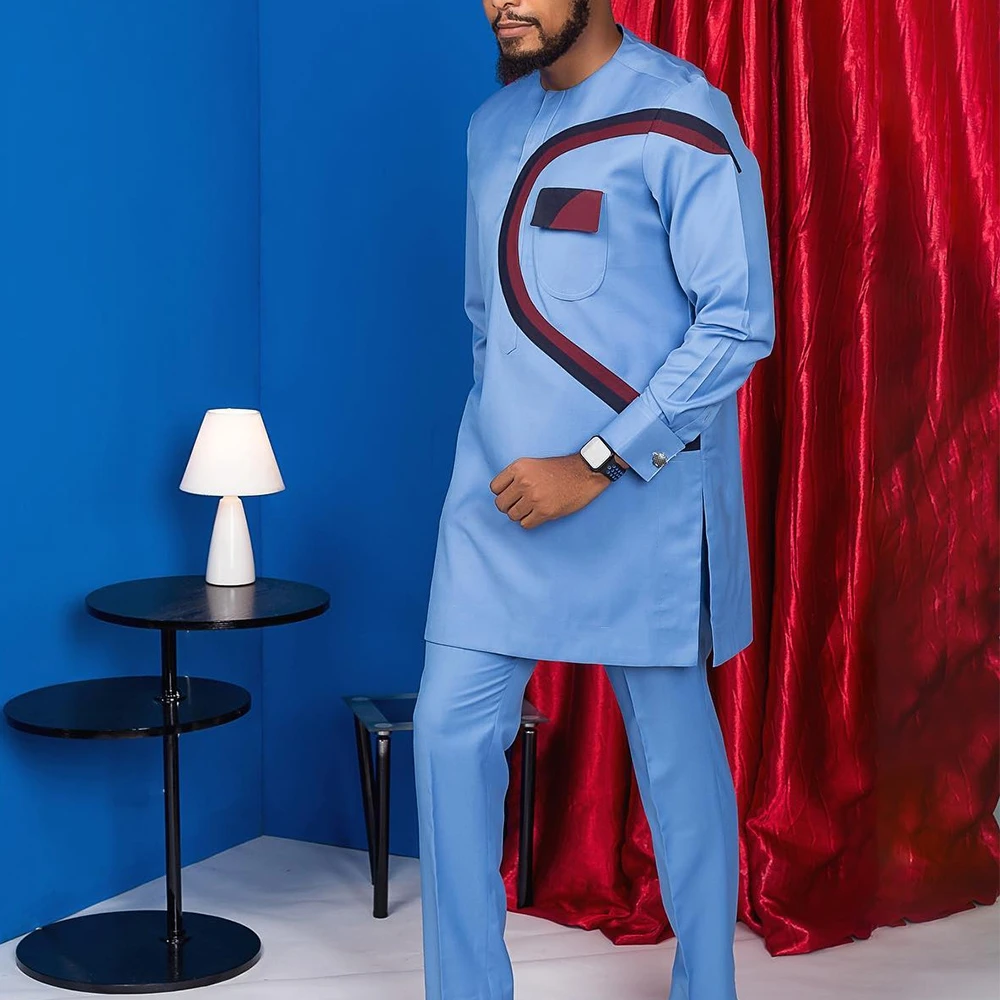 Color: Mint, Size: L - New Men's Tenos Wedding 2-Piece Suit Waist Pants Shirt Solid Color Panel Long Sleeve Party African Ethnic Style Clothing (M-4XL)
