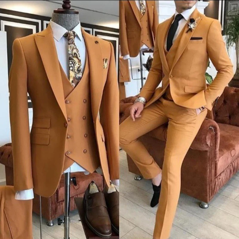 Color: army green, Size: S, Ships From: CHINA - Groom Wear 3 Pieces Gray Men Suits 2021 Slim Fit Peak Lapel One Button Tailor Made Terno Masculino (Jacket+Pants+Vest+Tie?‰