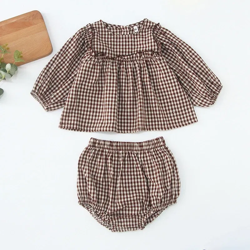 Color: CRIMSON, Kid Size: 3M - Infant Baby Boys Girls Clothes Set Spring Autumn Kids Baby Boys Girls Long Sleeve Grid T-shirt + Shorts 2pcs Toddler Clothes