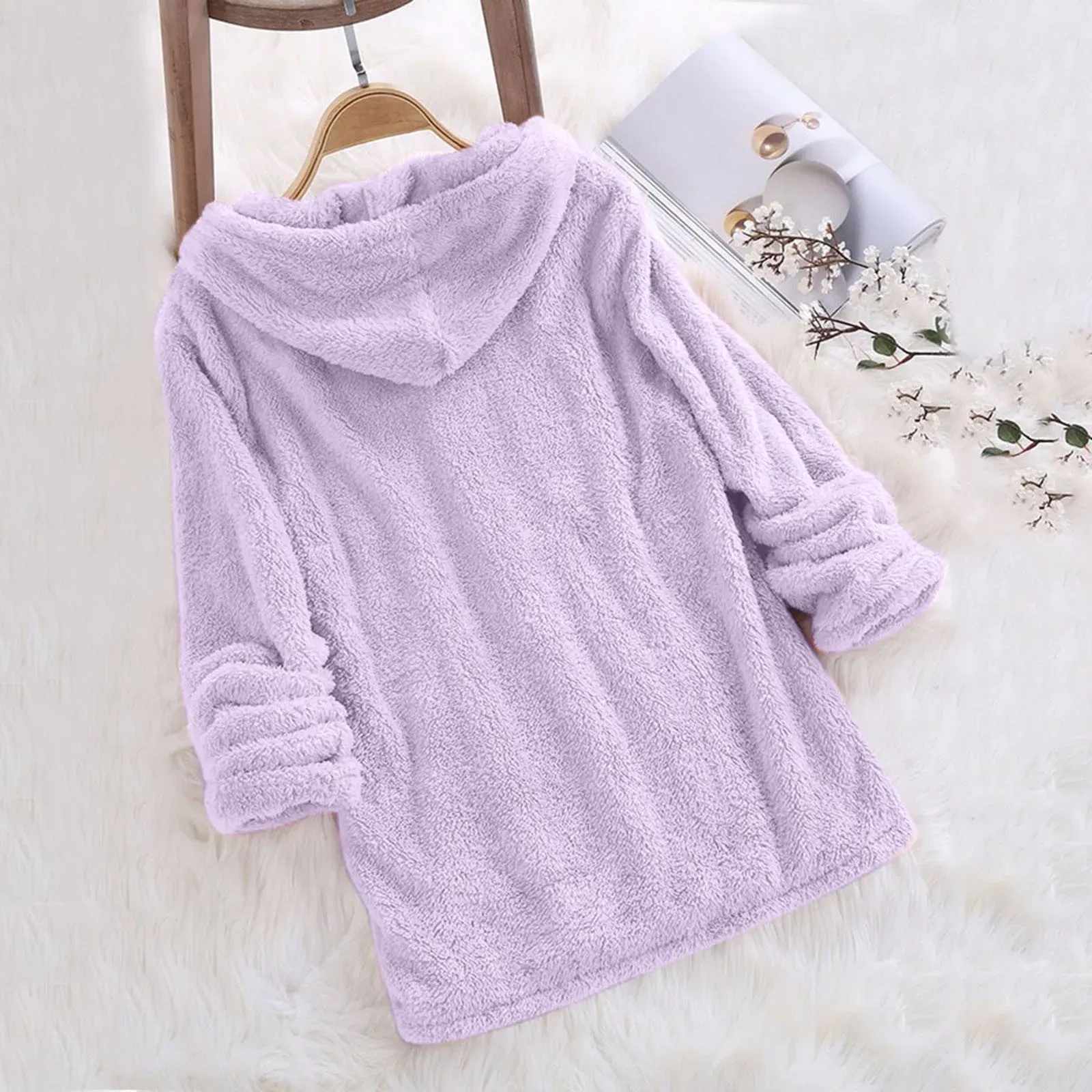 Color: Pink, Size: XL, Ships From: CN - Women's Winter Casual Solid Color Plush Hooded Long Sleeve Pullover Thick Warm Fluffy Sweatshirts Blouse Oversized Loose Tops