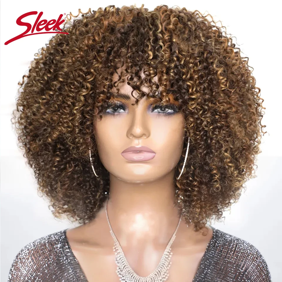 Hair Color: P4/30, Stretched Length: 14inches, Density: 230% - Sleek P4/27 Afro Kinky Curly Human Hair Bob Wigs Brazilian Highlight T1b/30 Remy Hair With Bang 250% Density Black Human Hair