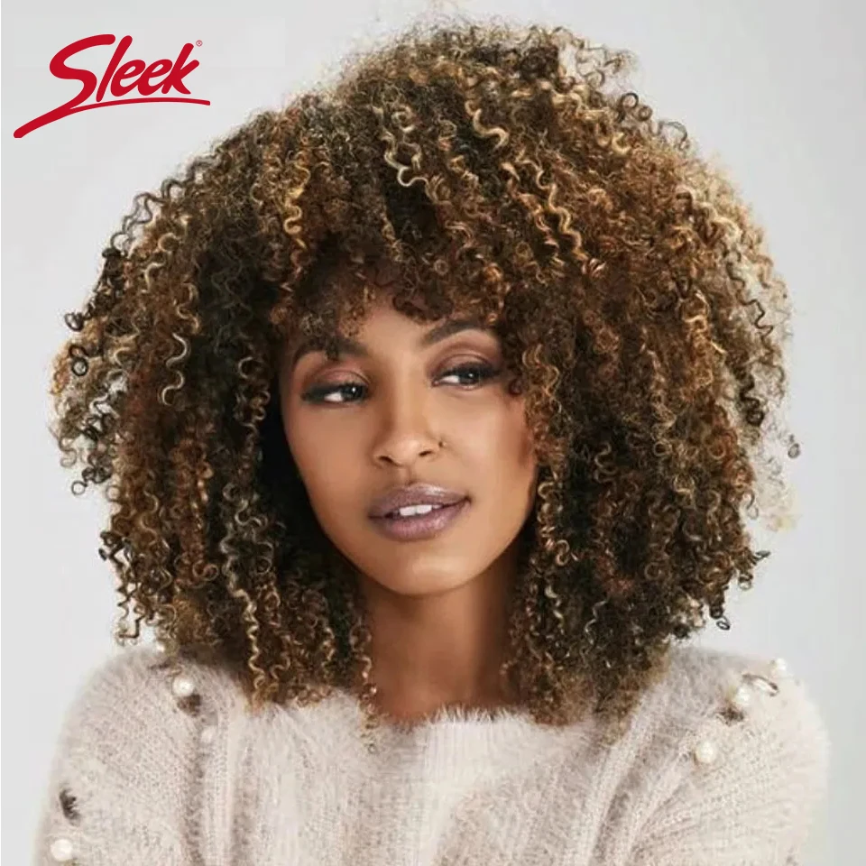 Hair Color: P4/30, Stretched Length: 14inches, Density: 230% - Sleek P4/27 Afro Kinky Curly Human Hair Bob Wigs Brazilian Highlight T1b/30 Remy Hair With Bang 250% Density Black Human Hair