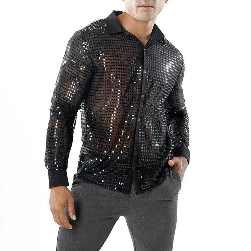 Color: Silver, Size: L, Ships From: CHINA - 2023 Fashion Mens Sparkly Sequins Party Dance Shirts Retro 70s Disco Nightclub Shirt Tops Single Breasted Performance Clothing