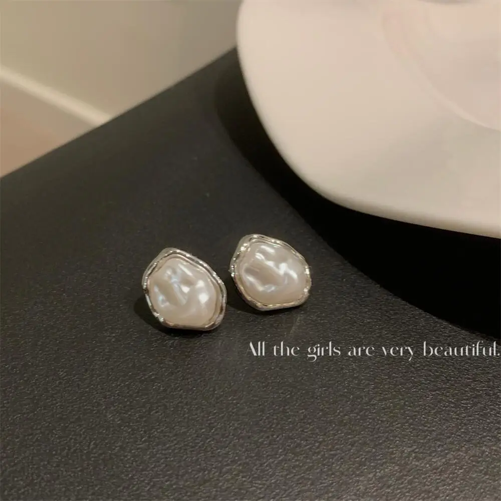 Metal Color: SILVER PLATED - Geometric Irregular Round Metal Pearl Earrings for Women 2024 Minimalist Style Personality Earrings Trendy Jewelry Gift