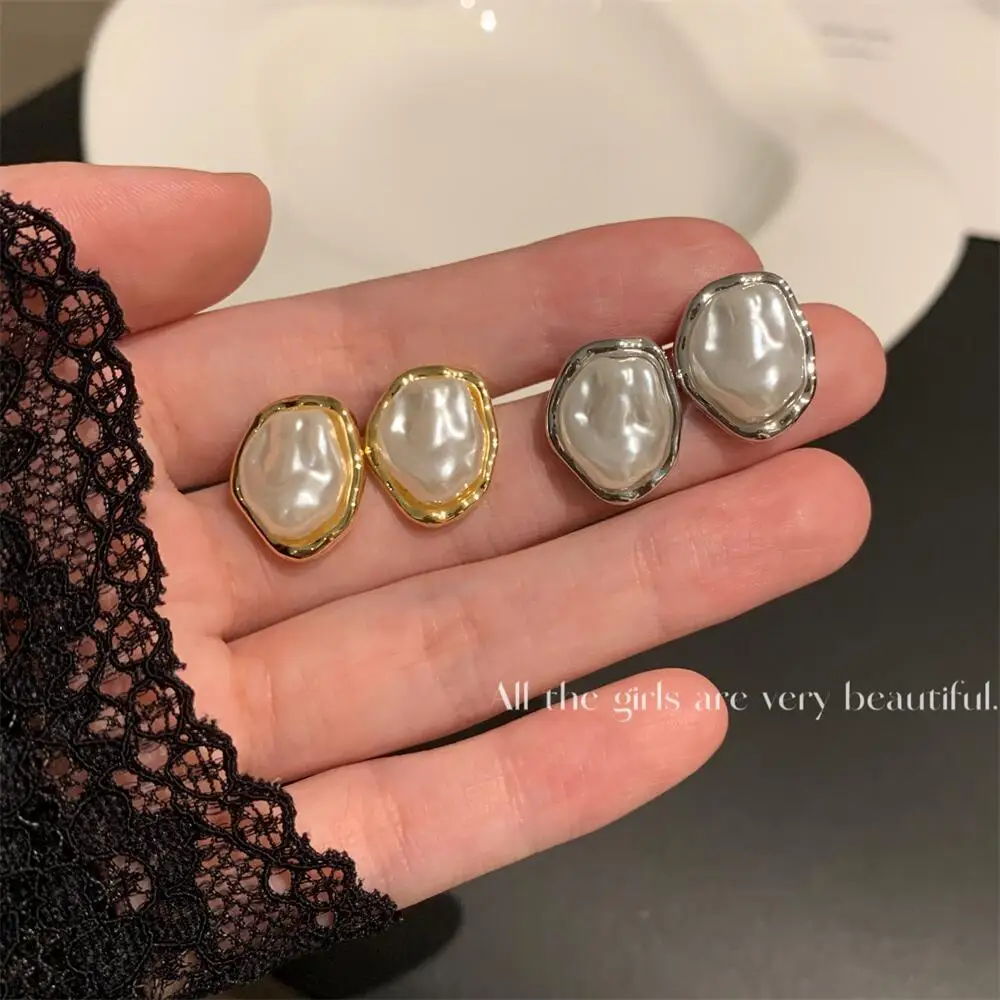 Metal Color: SILVER PLATED - Geometric Irregular Round Metal Pearl Earrings for Women 2024 Minimalist Style Personality Earrings Trendy Jewelry Gift