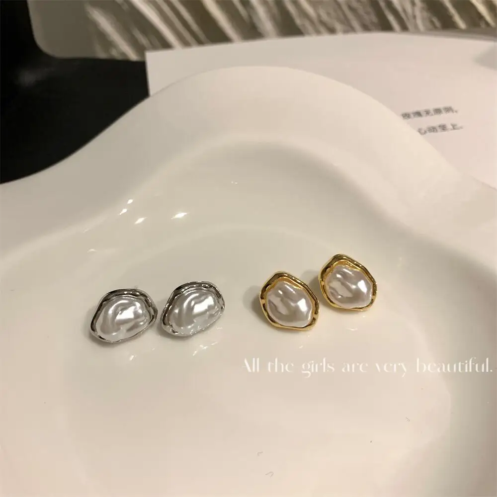 Metal Color: SILVER PLATED - Geometric Irregular Round Metal Pearl Earrings for Women 2024 Minimalist Style Personality Earrings Trendy Jewelry Gift