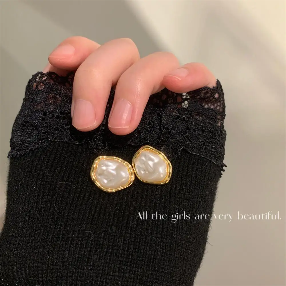 Metal Color: SILVER PLATED - Geometric Irregular Round Metal Pearl Earrings for Women 2024 Minimalist Style Personality Earrings Trendy Jewelry Gift