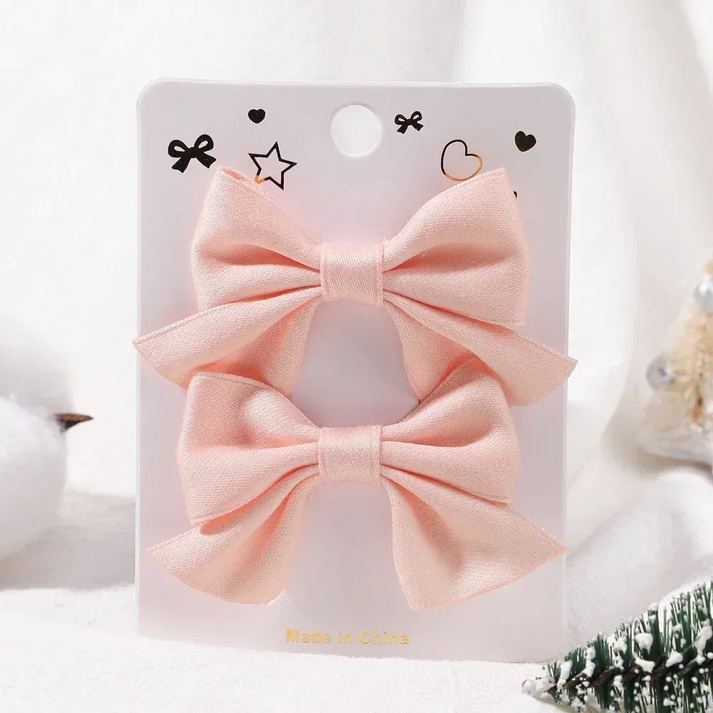 Color: Silver - 2Pcs/Set Solid Color Kids Bows Hair Clips for Baby Girls Handmade Plaid Bowknot Hairpin Barrettes Photograph Hair Accessories