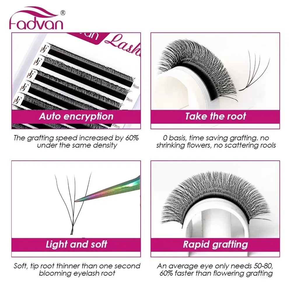 Curl: D, Length: 9mm - Fadvan 4D W In Shape Eyelash Extension Premade Volume Fans Soft Style Mink Easy To Embellish Natural False Eyelashes
