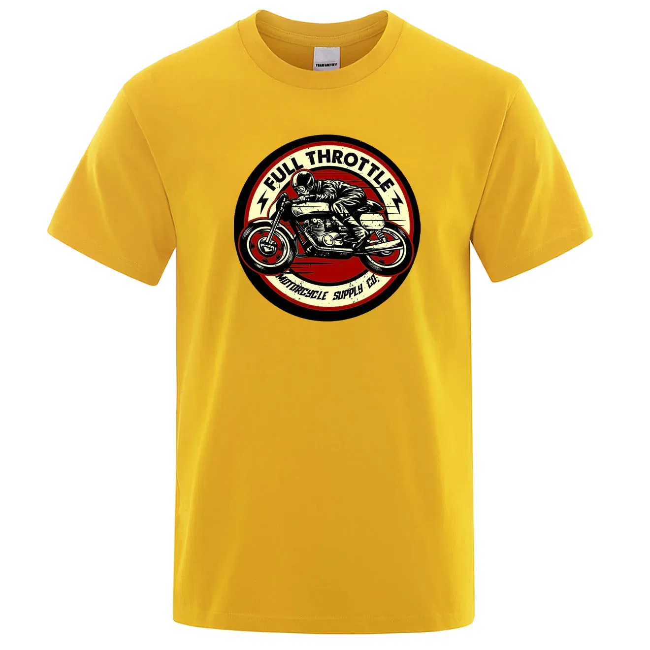 Color: Yellow, Size: S - Full Throttle Cafe Racer Rockabilly Biker Printed T-Shirt Men Fashion Casual Short Sleeve Loose Cotton Tshirt Summer Loose Tees