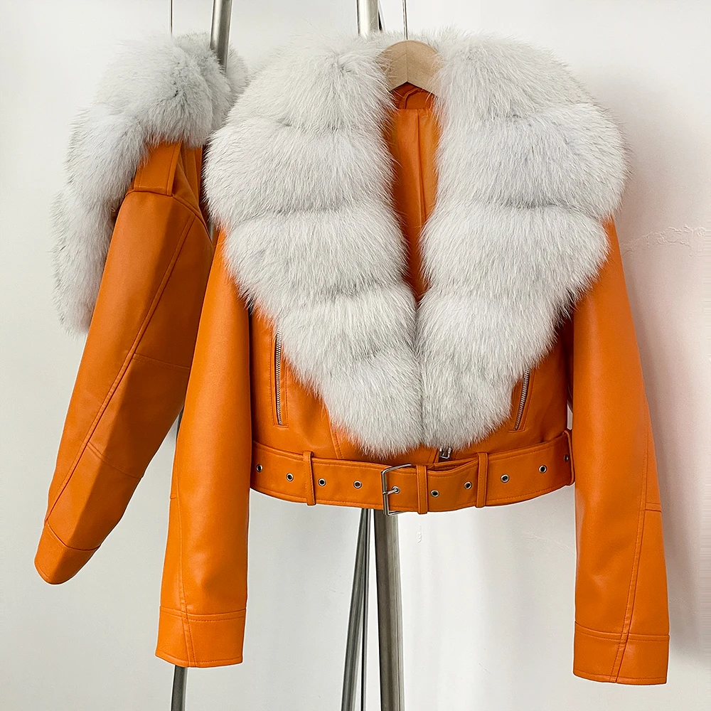 Color: Dark Grey, Size: XL - Fake Leather Coat New Natural Fox Fur Autumn Short Faux Leather Jacket Female Spring PU Women Long Sleeve Real Fur Coat Thin