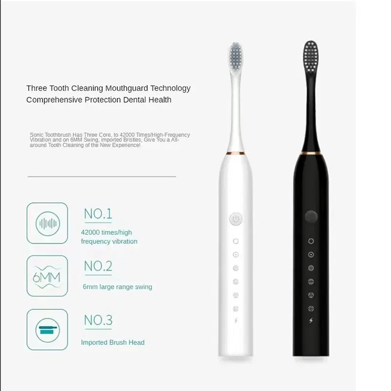 Color: black - Sonic Electric Toothbrush Adult Smart Timing Tooth Brush Teeth Clean Whitening Fast USB Rechargeable Toothbrush Replacement Head