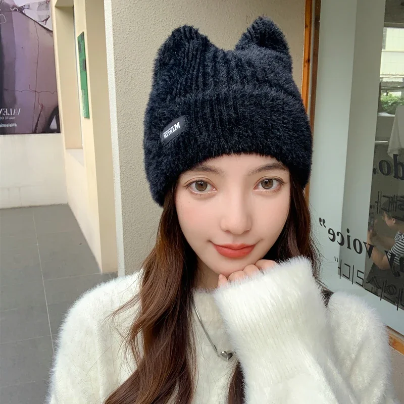 Color: WHITE, Size: One Size - New Women Cute Cat Ear Earflap Winter Hat Fashion Faux Fur Knitted Hat Kpop Style Soft Beanie Hats Candy Female Streetwear Cap