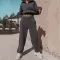 Long Sleeve Turtleneck Sweatshirt Stand Up Zipper Short Top With Loose Straight Leg Pants