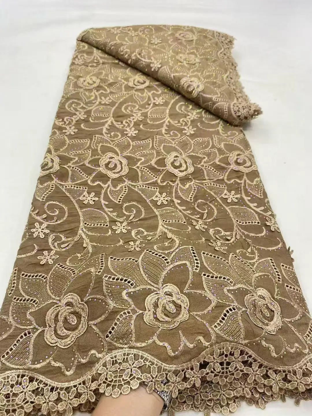 Color: GRAY, Width: 120cm, Length: 5 yards - 5 Yards Nigerian Guipure Cord Lace Fabric High Quality Embroidery African Milk Silk Wedding Lace Fabric 2025 Material