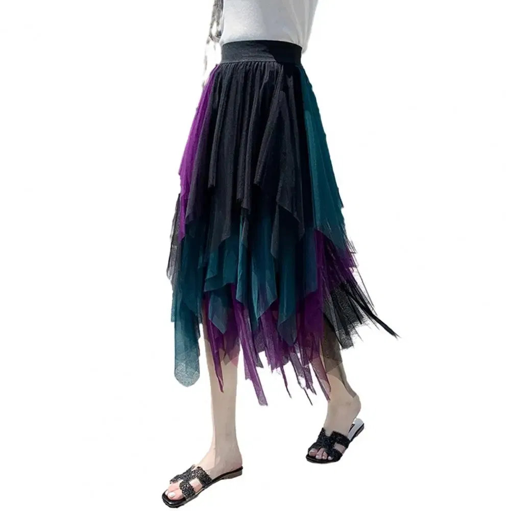 Color: WHITE, Size: XXL - 2025 Irregular Mesh Women Skirt High Elastic Waist Colorful Mesh Multi-layered Soft Mid-calf Length Pleated Women Midi Skirt