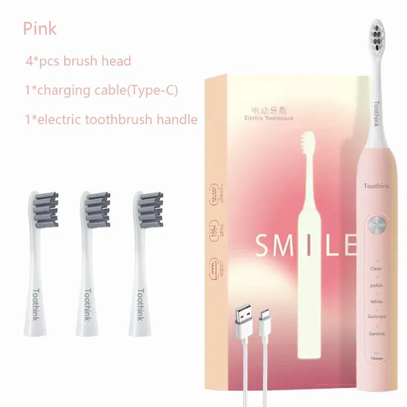 Color: Pink - Toothink Electric Toothbrush Smart Timing Tooth Brush Rechargeable Teeth Clean Whitening Sonic Toothbrush With Replacement Head