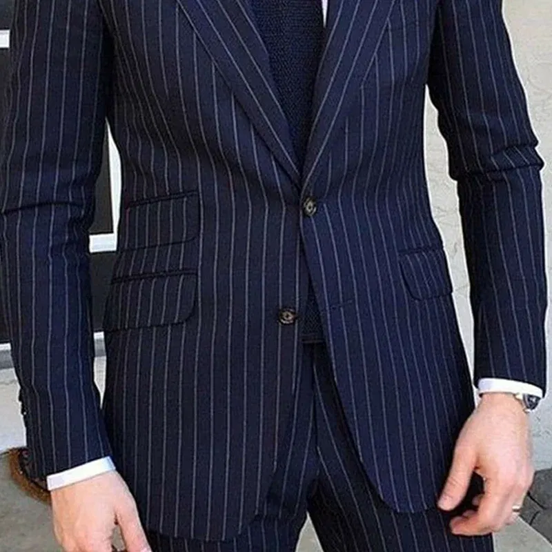 2 Piece Pinstripe Men's Suit Slim Fit for Formal Wedding Tuxedo Notched Lapel Navy Blue Striped Business Groom Male Fashion