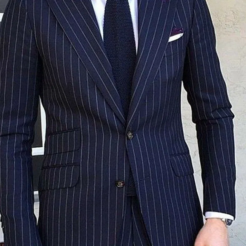 2 Piece Pinstripe Men's Suit Slim Fit for Formal Wedding Tuxedo Notched Lapel Navy Blue Striped Business Groom Male Fashion