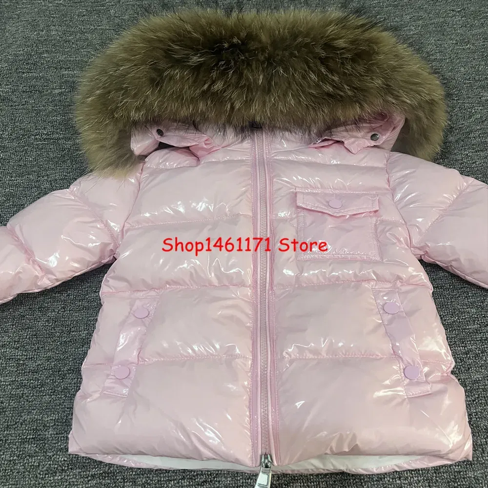 Color: Brown, Kid Size: 4 - Kids Winter Down Jacket Shiny Real Raccoon Fur Collar Toddler Boys Hooded Coat Baby Girls Warm Snowsuit Children's Parkas