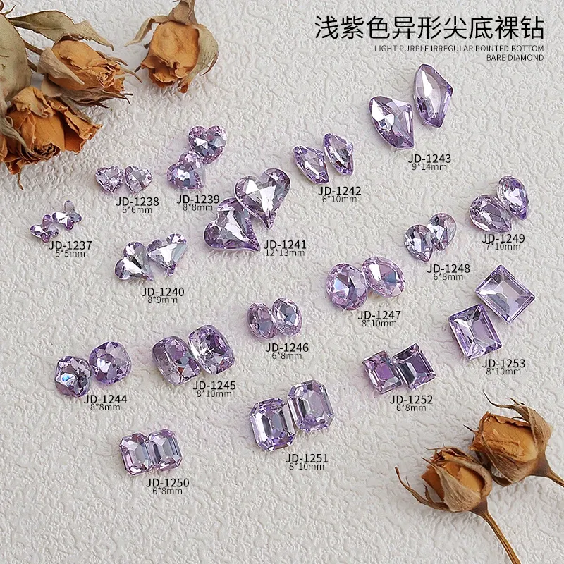 Color: black - 20pcs Nail Art Light Purple Sparkling Crystal Glass Diamond Violet Pointed Bottom Bare Rhinestone Gem Nail Accessories Charms