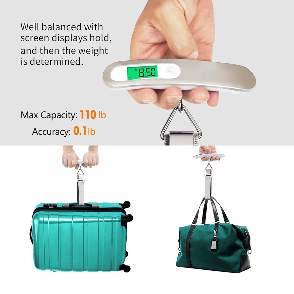 Color: Silver - 110lb/50kg Portable Electronic Hand Luggage Scale LCD Digital Display Balance Scale Suitcase Travel Weighs Baggage Weight Tool