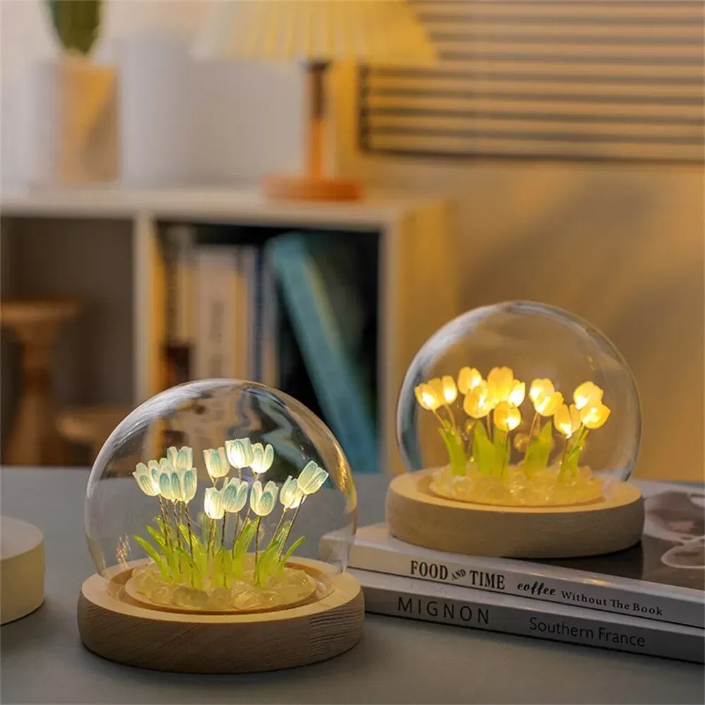 Color: Gold - Artificial Tulip Flower Night Light Handmade DIY Bedside Lamp LED Night Lamp Bedroom Decor Christmas Birthday Gifts Table Lamp