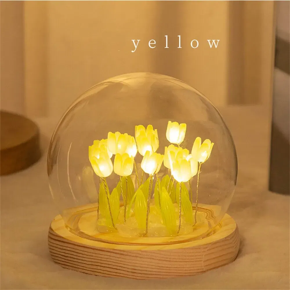 Color: Gold - Artificial Tulip Flower Night Light Handmade DIY Bedside Lamp LED Night Lamp Bedroom Decor Christmas Birthday Gifts Table Lamp