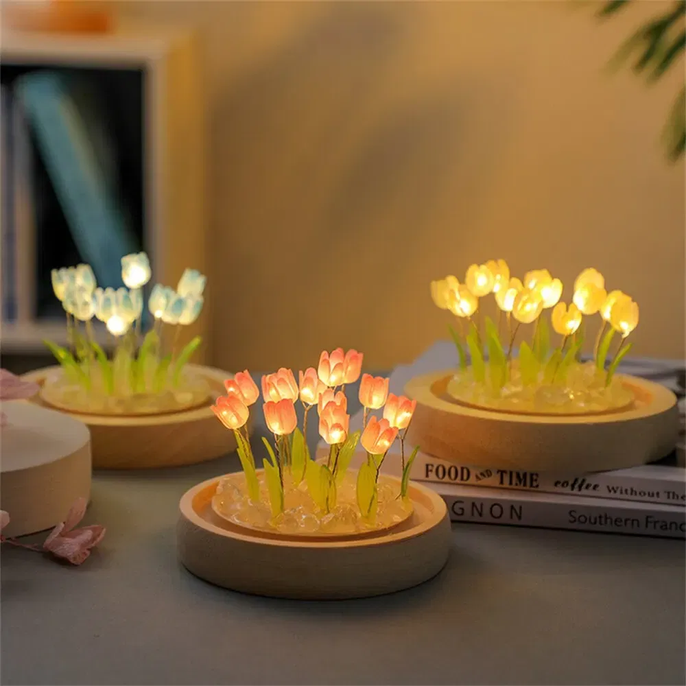 Color: Gold - Artificial Tulip Flower Night Light Handmade DIY Bedside Lamp LED Night Lamp Bedroom Decor Christmas Birthday Gifts Table Lamp