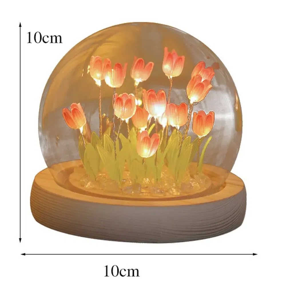 Color: Gold - Artificial Tulip Flower Night Light Handmade DIY Bedside Lamp LED Night Lamp Bedroom Decor Christmas Birthday Gifts Table Lamp