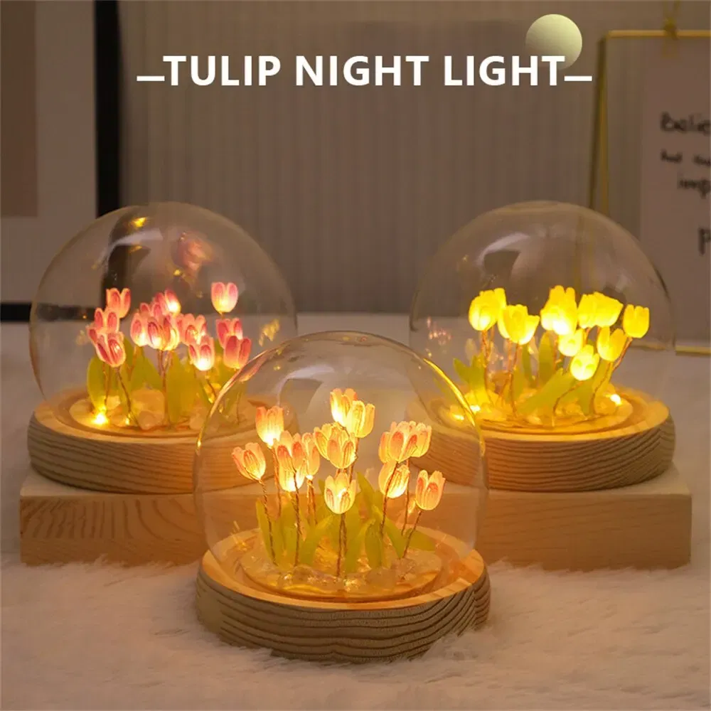 Color: Gold - Artificial Tulip Flower Night Light Handmade DIY Bedside Lamp LED Night Lamp Bedroom Decor Christmas Birthday Gifts Table Lamp