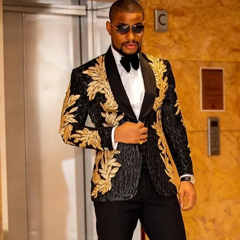 Color: black, Size: S - Men's Gold Sequin Applique Fashion Trend Suit Set High-Quality Casual Jacket And Western Pants Two-Piece Ensemble