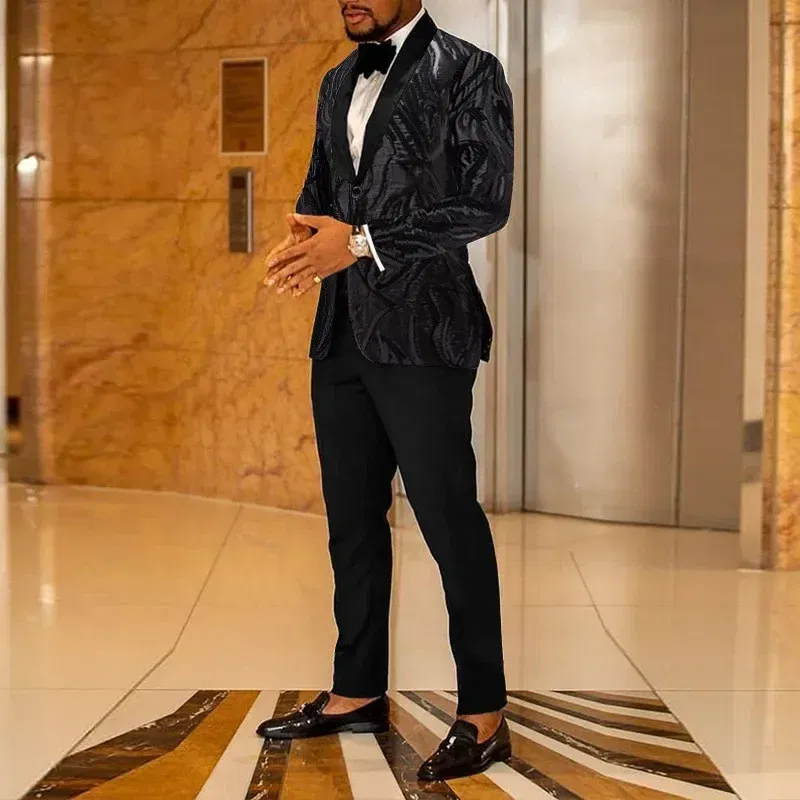 Color: black, Size: S - Men's Gold Sequin Applique Fashion Trend Suit Set High-Quality Casual Jacket And Western Pants Two-Piece Ensemble