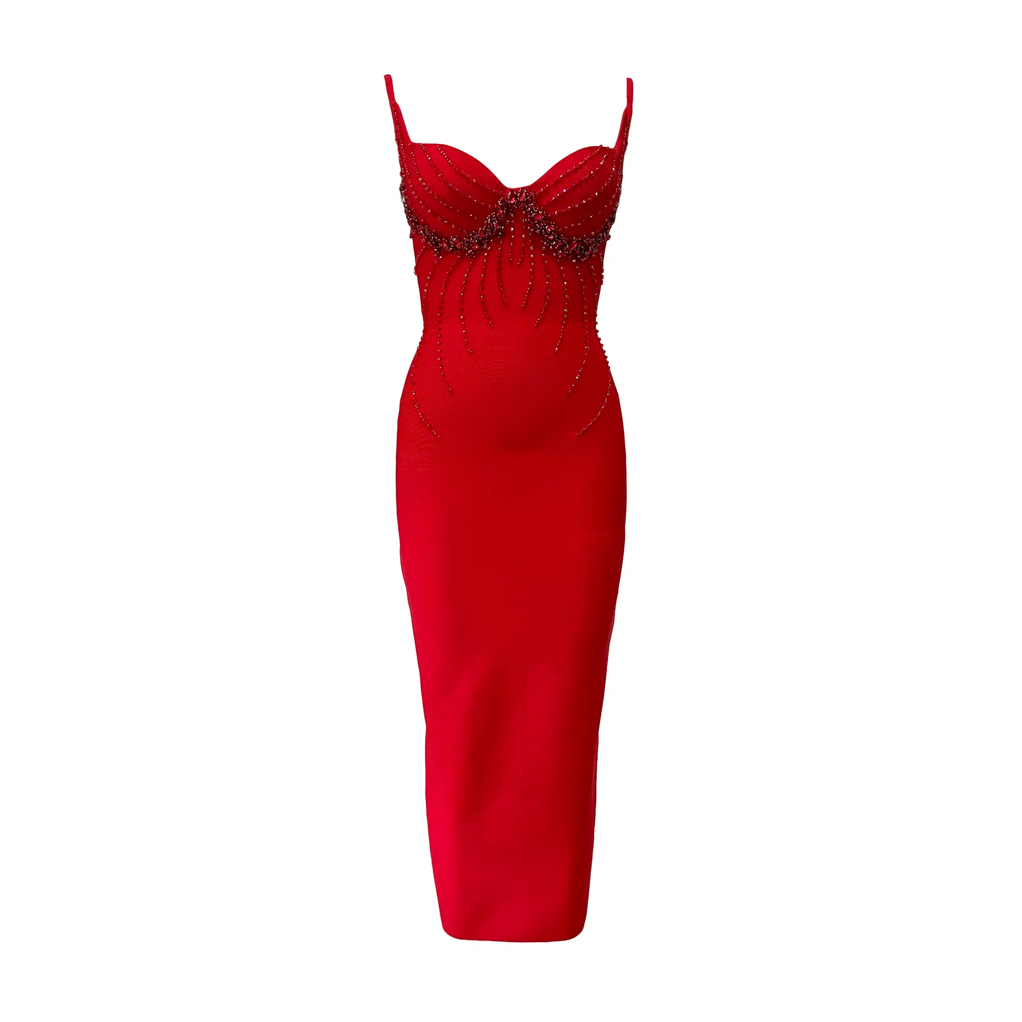 Color: Red, Size: L - Women Sexy Beading Spaghetti Strap Bandage Dress Bodycon Clothes Club Party Celebrity Elegant Dresses