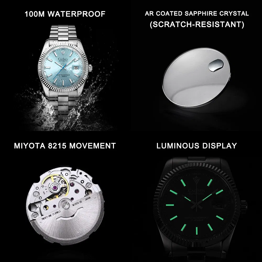 Color: Blue - CADISEN New Mens Mechanical Automatic Watch Top Brand Luxury C3 Luminous AR Sapphire MIYOTA 8215 100M Waterproof Gift Watch Men