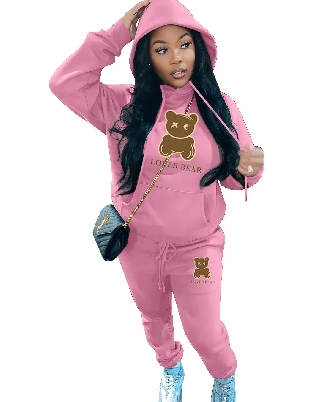 Color: Pink, Size: XXL - 2 Piece Set Women Outfit Letter Bear Print Hooded Neck Hoodies Sweatshirt Pants Tracksuit 2024 Plus Size Streetwear Casual Suit