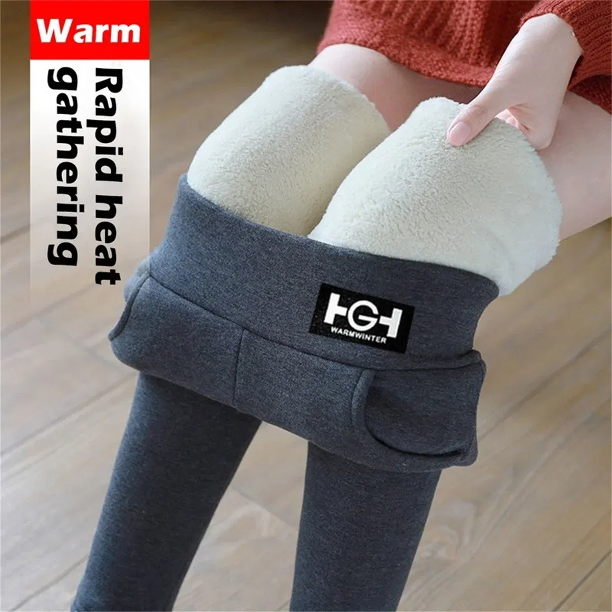 Color: Dark Grey, Size: M - Winter Women Leggings Solid Warm Leggings Thicken Lambwool Hight Waist Fleece Keep Butt Lift High Stretchy Walking Pants Pocket