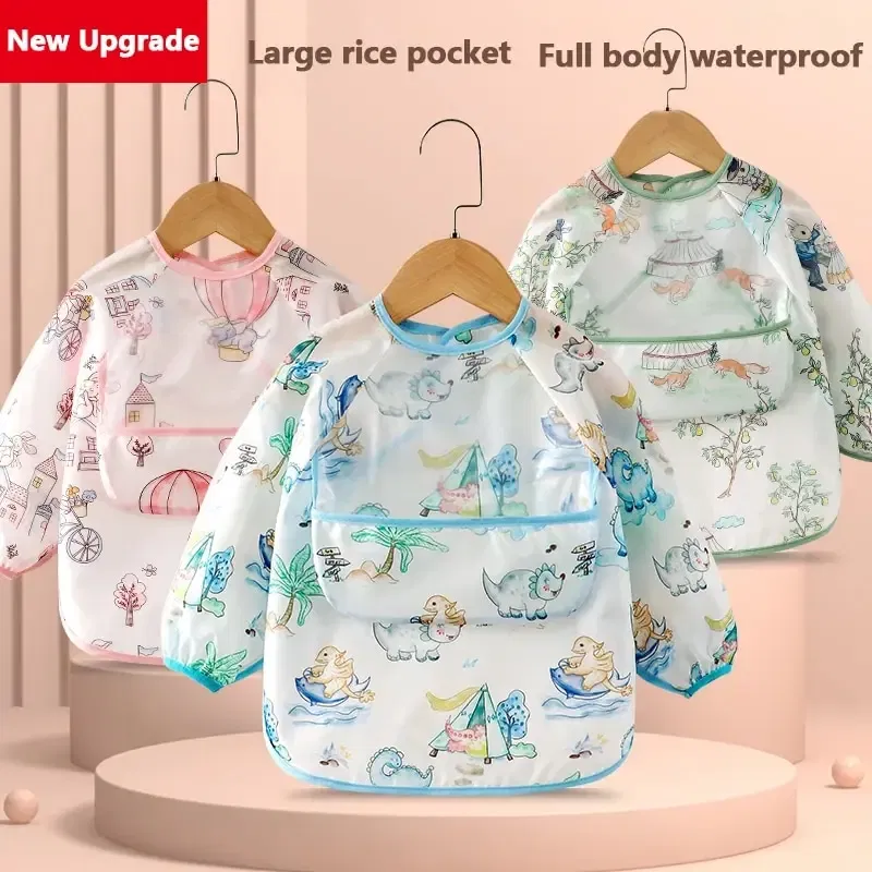 Size: S, Color: Pink - Baby Food Overalls Waterproof and Dirt-proof CHILDREN'S Apron Bib Spring and Autumn Girl Treasure Boy Baby Wash Back Wear Protec