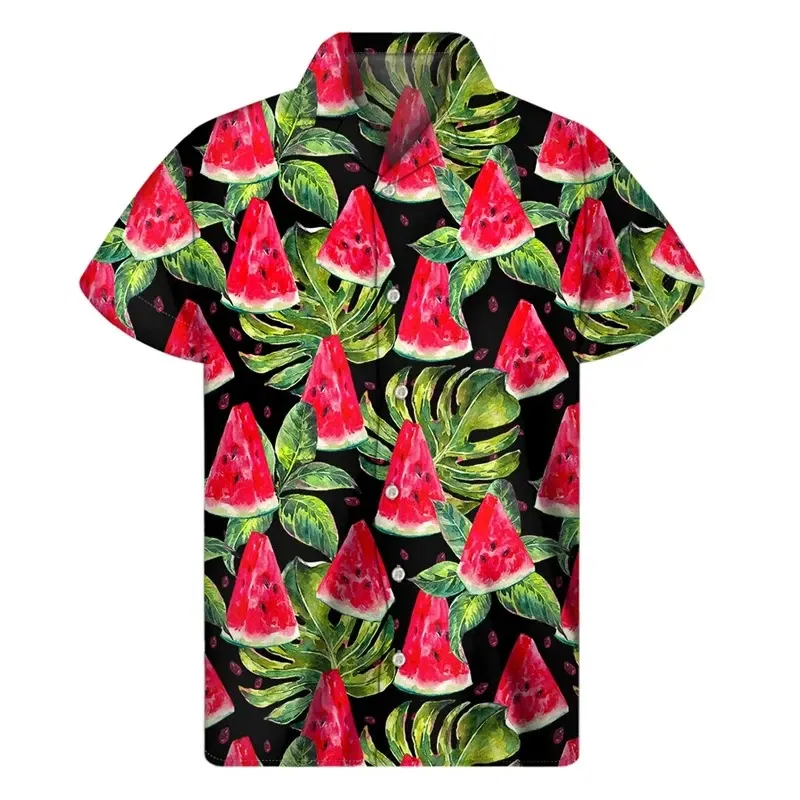 Color: Brown, Size: XXL - Tropical Watermelon Graphic Hawaiian Shirt Summer Street Short Sleeves 3d Printed Fruits Button Shirts Men Clothes Lapel Blouse