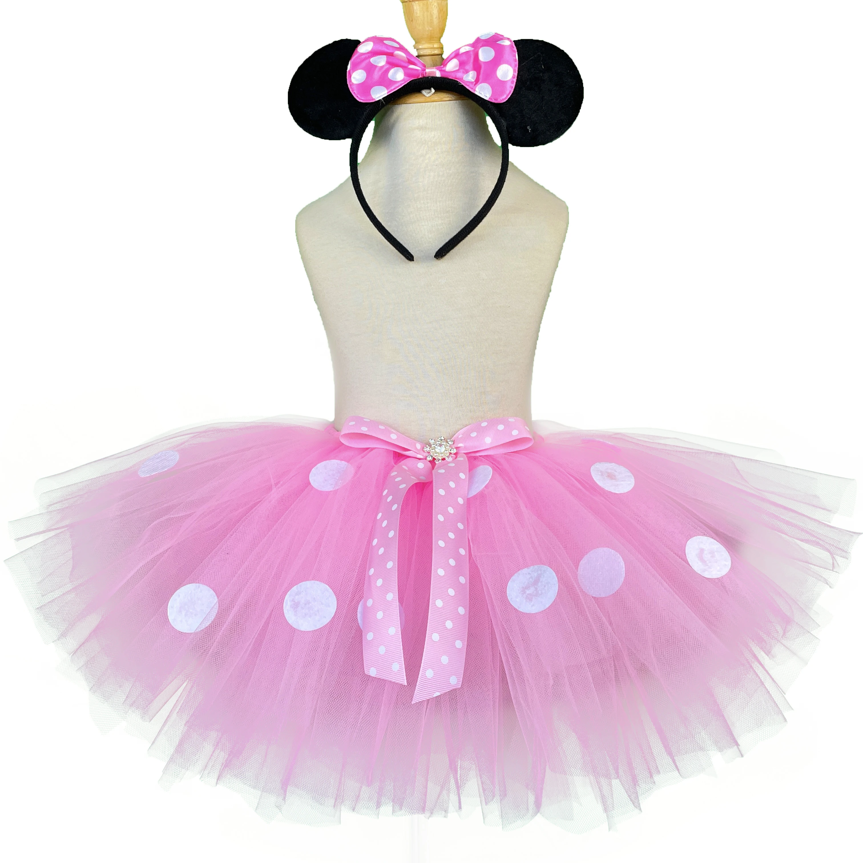 Color: MULTI, Kid Size: 6M - Girls Pink Cartoon Tutu Skirts Baby Ballet Tulle Pettiskirts with White Polka Dots and Hairbow Kids Cosplay Party Costume Skirt