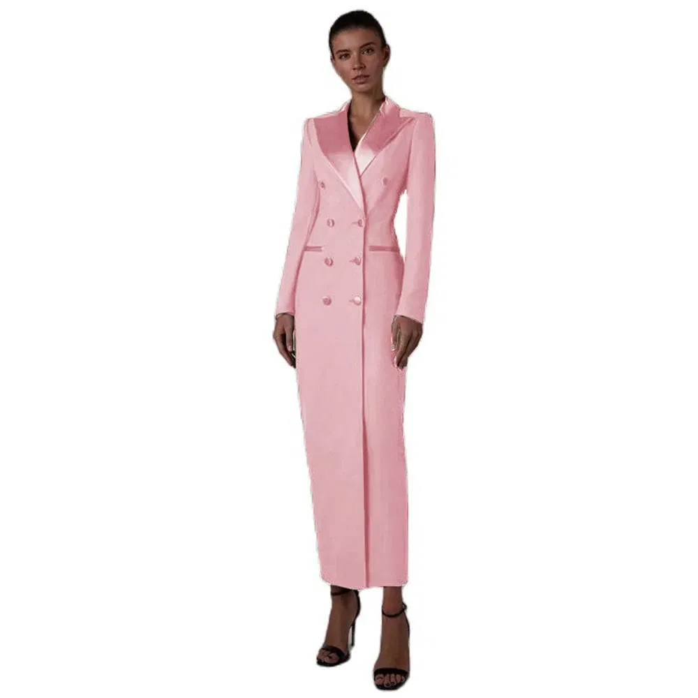 Color: Pink, Size: M - Women's Suit Long Jacket One Piece Blazer Double Breasted Formal Tuxedo Party Dress кос?‚юм ?¶?µнский