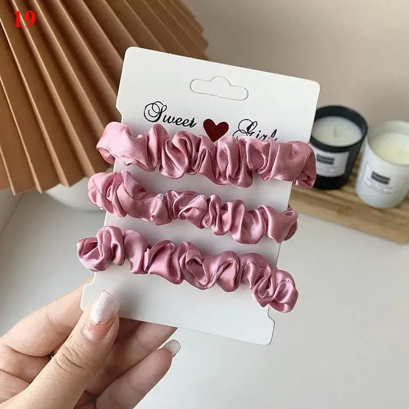 Color: light yellow - Free Shipping 3PCS/Set Satin Silky Scrunchies Hair Rope Luxury Solid Color Elastic Hair Bands Women Hair Accessories Headwear