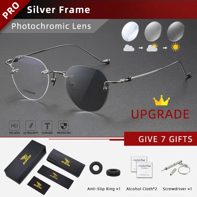 Frame Color: WHITE, Eye Prescription: 0 - BLMUSA Pure Titanium Rimless Anti-blue Light Reading Glasses for Men Round Photochromic Optical Prescription with MR-8 lens