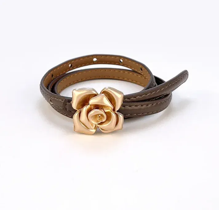 Color: Coffee, Belt Length: 105CM - 1.0cm New Unique Rose Genuine Leather Gold Belt Women Fashion Cowskin Flower Thin Belts Female Jeans Dress Waistband