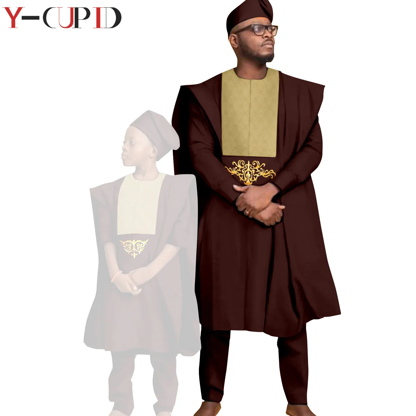 Color: Gold, Size: M - African Clothes for Men Top Pants Robes Hat Sets Match Kid Boy Sets Dashiki Father and Son Bazin Riche Family Outfits Y20F001