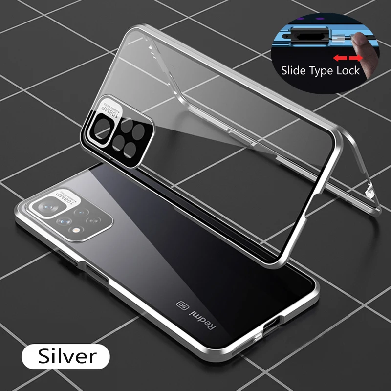 Color: Silver, Bundle: Case & Screen Protector, Material: ABS - Full Protection Case Metal Magnetic Double Sided Glass Snap Lock Case For XiaoMi Redmi Note 13 Pro Plus 5G Bumper Phone Cover