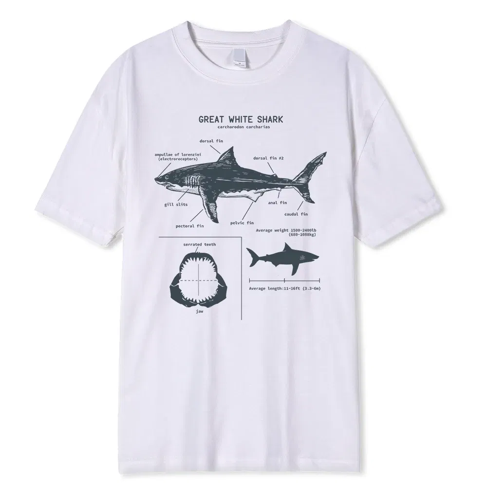 Color: Beige, Size: M - Great White Shark Anatomy T-Shirt New Summer Men Street Short Sleeve Hip Hop Punk Style Boy Casual Tops Fashion White Tees